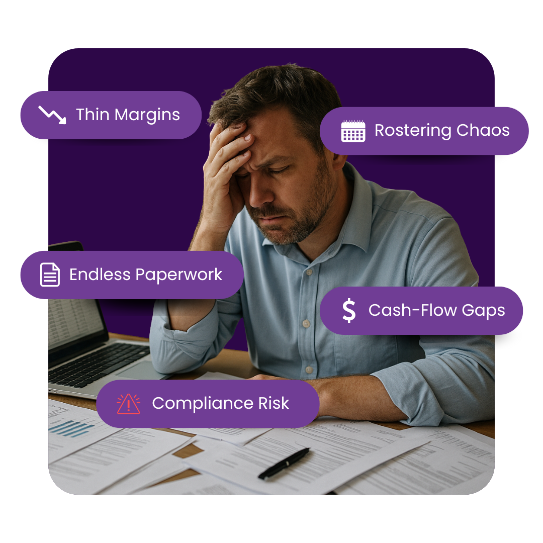 NDIS provider facing business challenges - thin margins, rostering chaos, endless paperwork, cash-flow gaps, and compliance risk